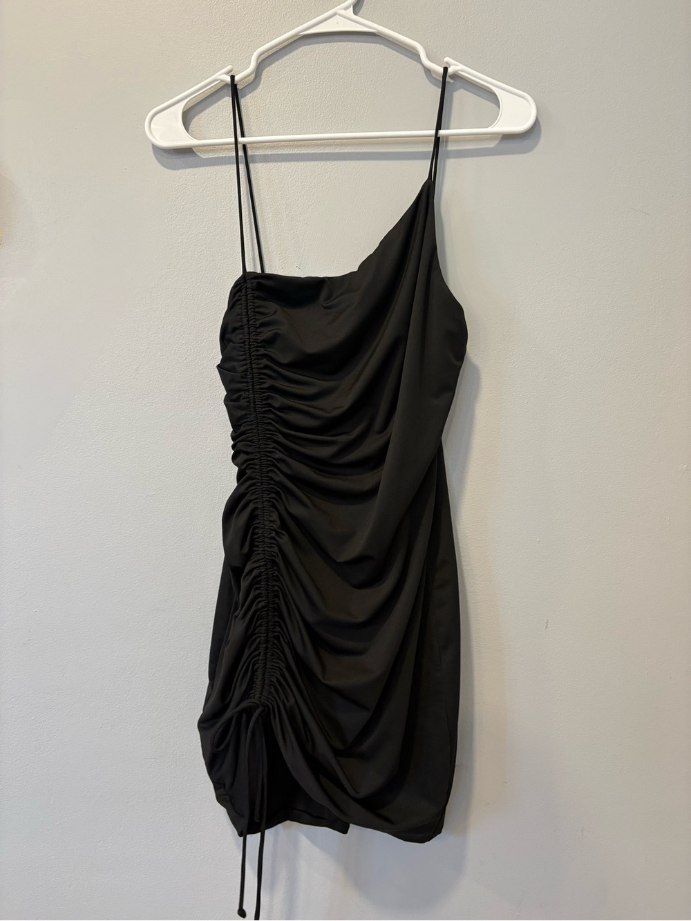 Cotton Candy Black Ruched One-Shoulder Mini Dress